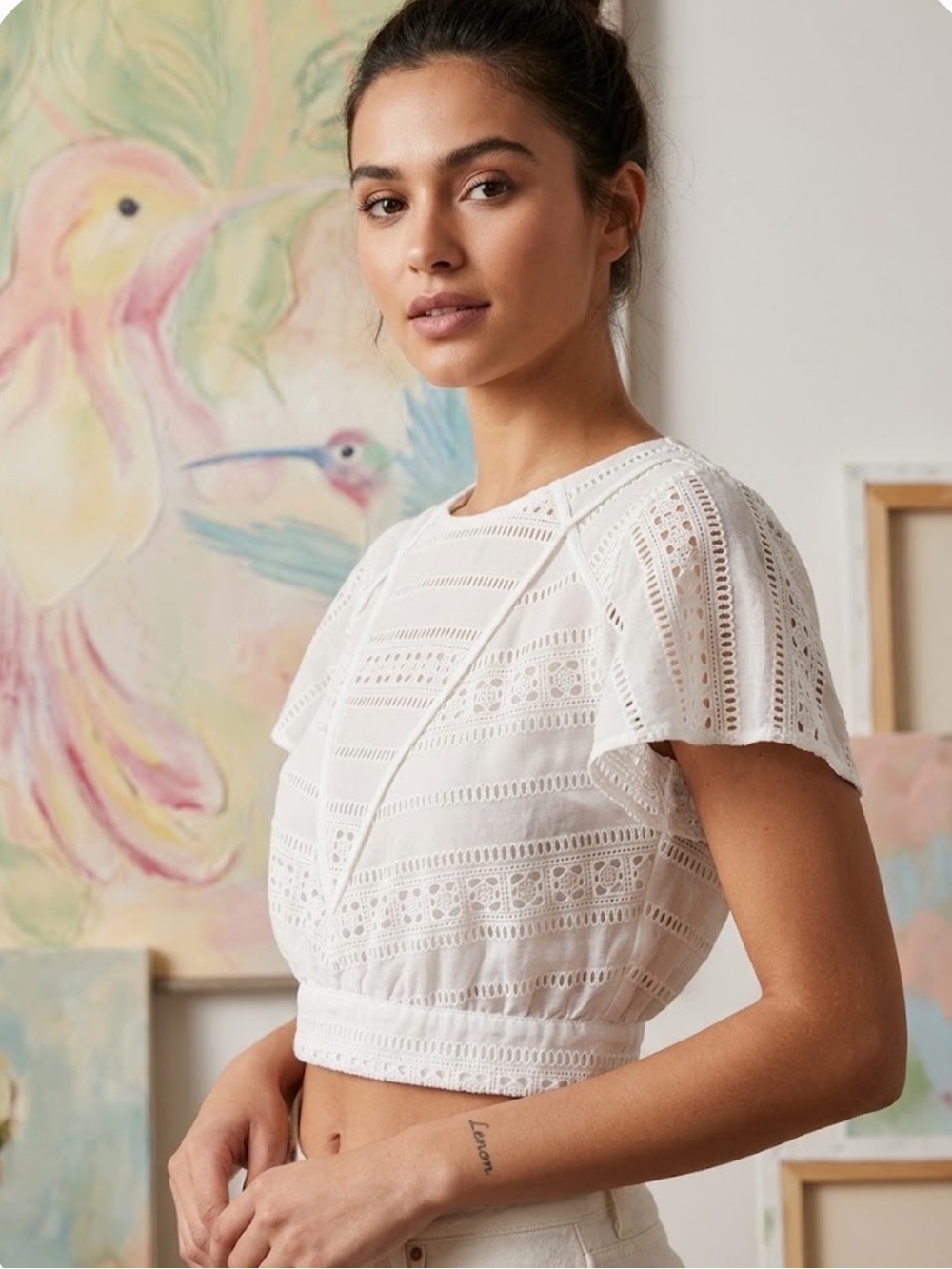 Anthropologie Lennon White Lace Cropped open back top size small